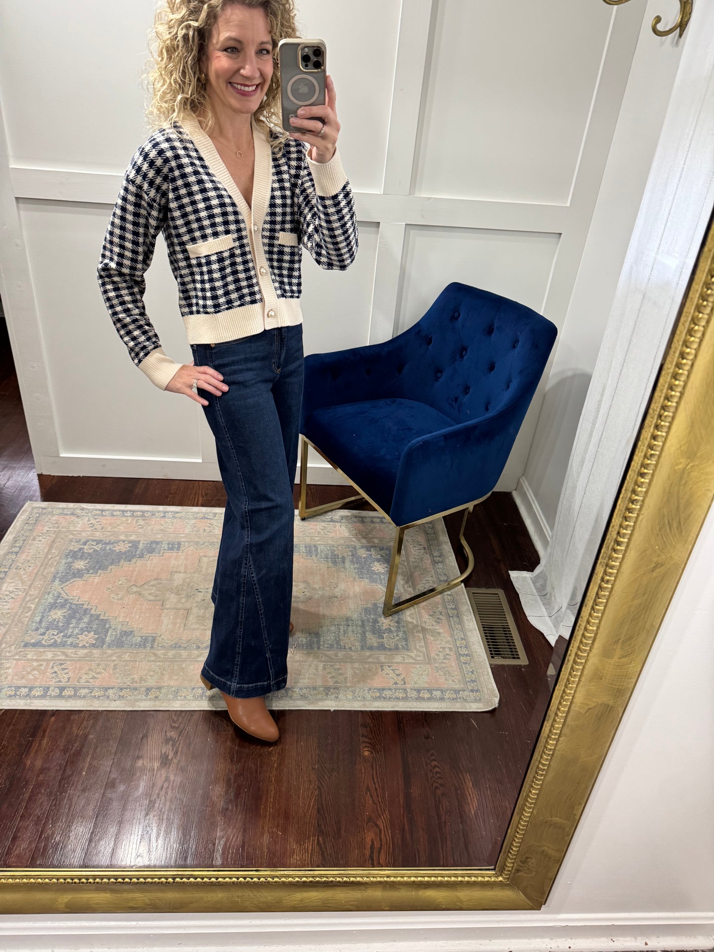 Cream and navy checked sweater