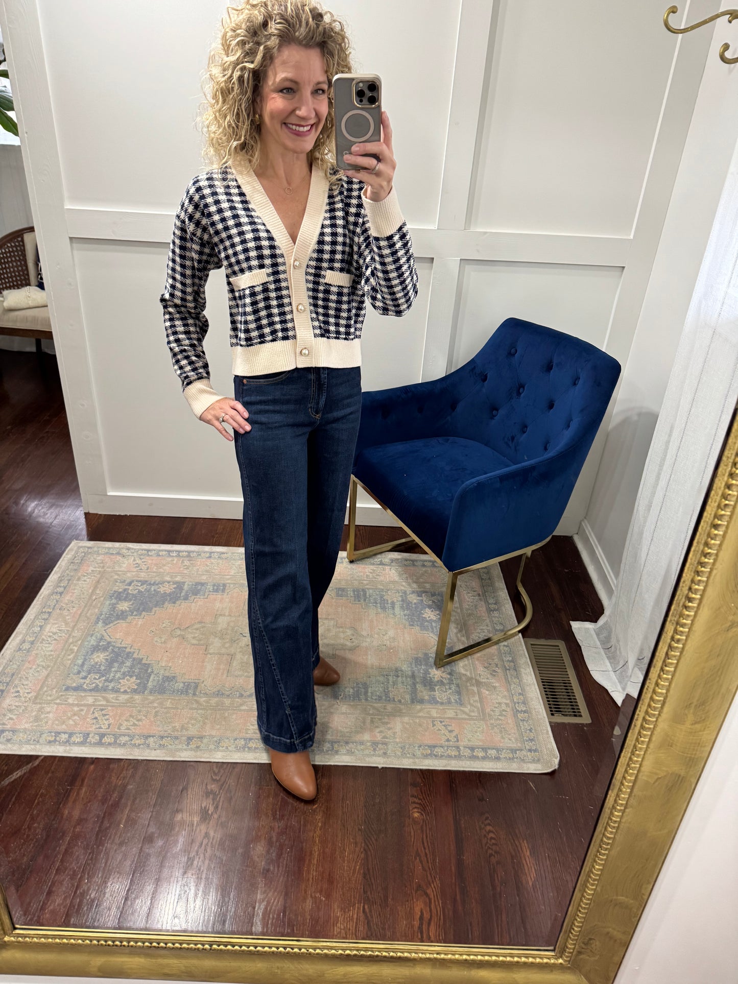 Cream and navy checked sweater