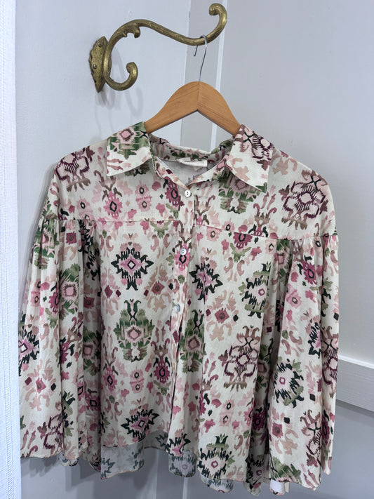 Cream ikat flowy button up blouse