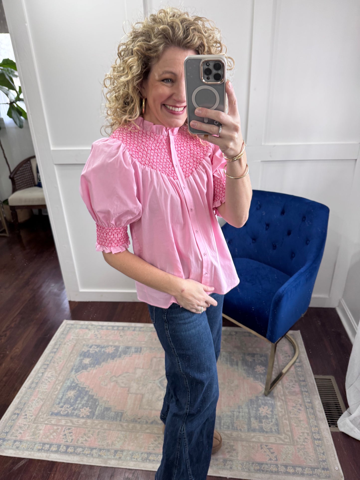 Pink on pink smocked blouse