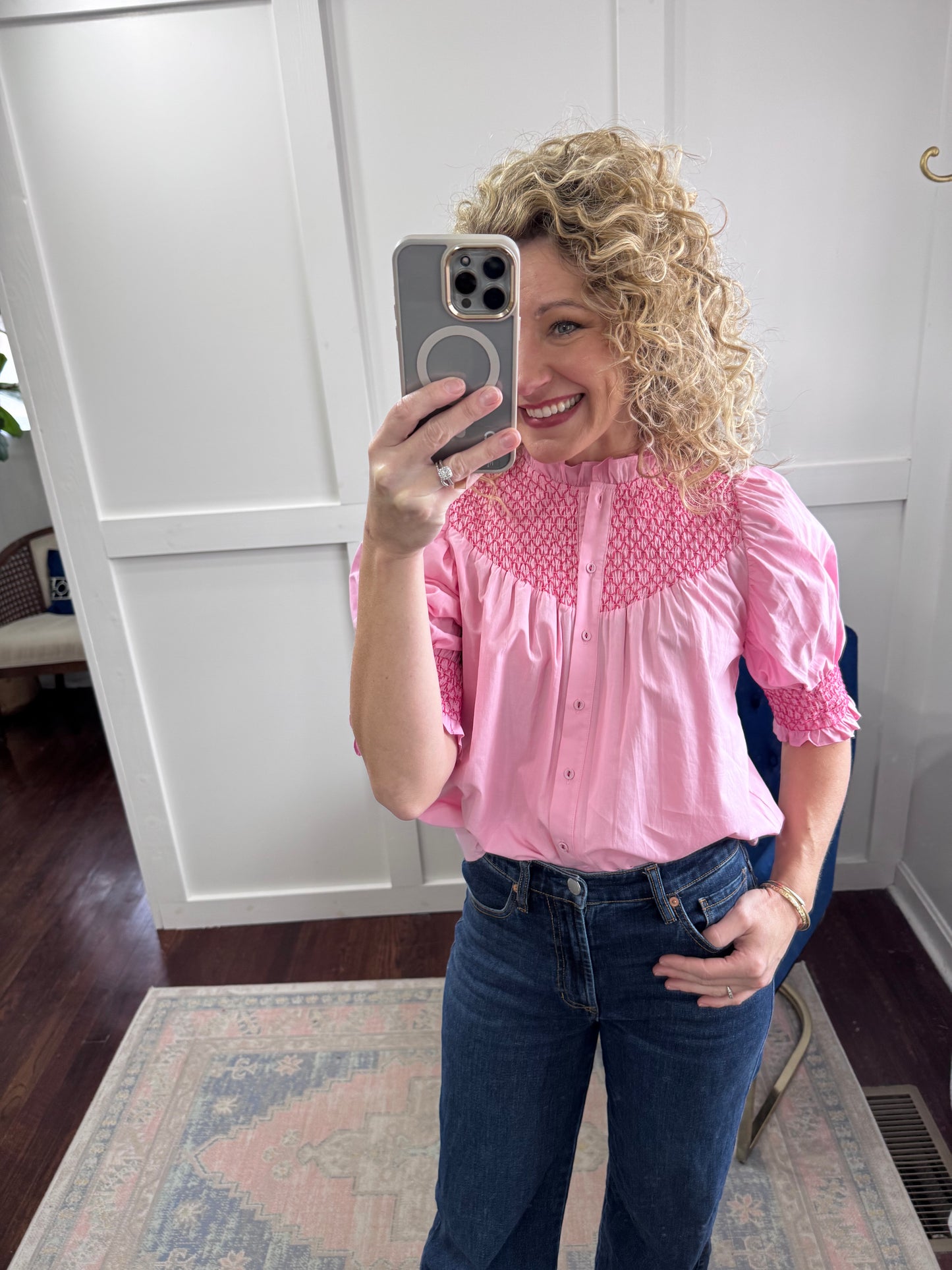 Pink on pink smocked blouse