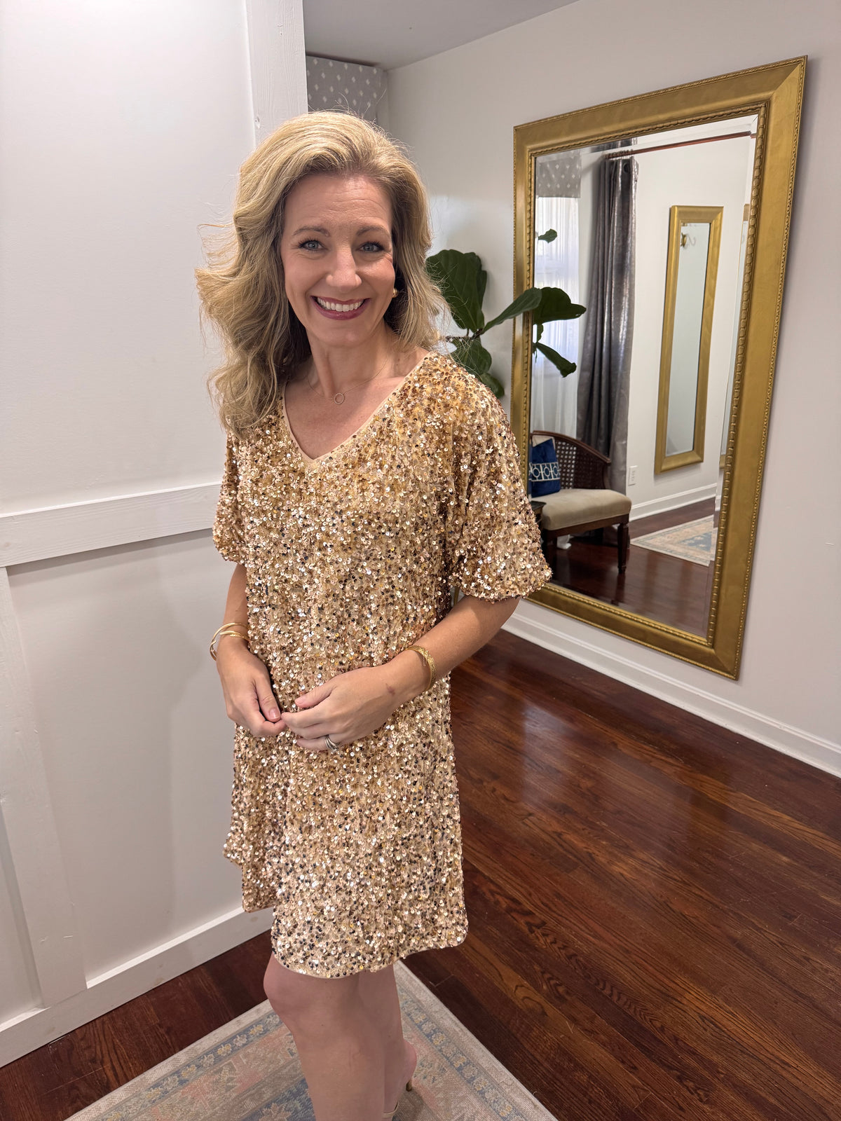 Gold sequin mini dress