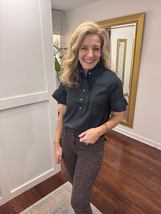 Black ruffle poplin top
