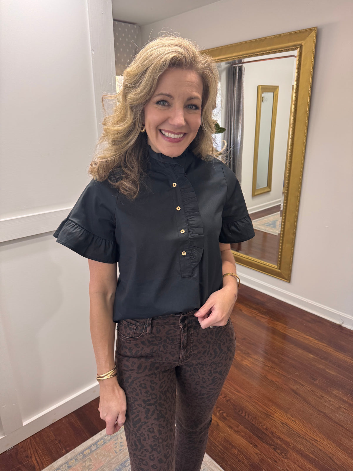 Black ruffle poplin top