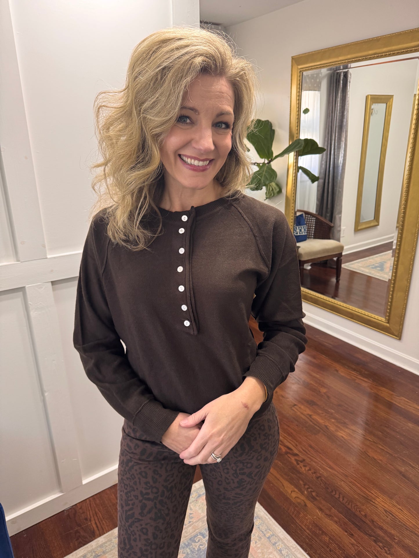 Espresso knit button sweater